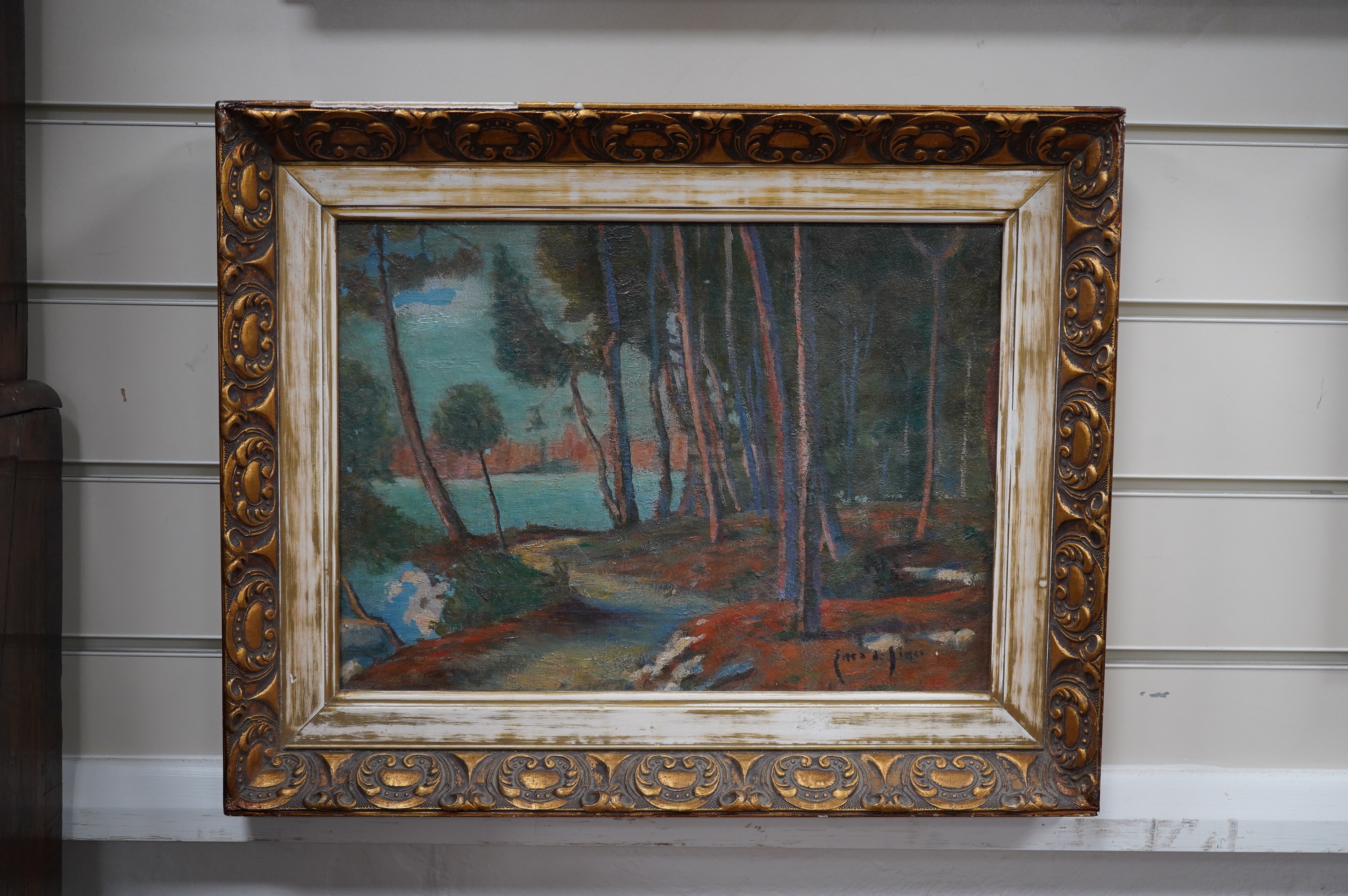 20th century, French impressionist oil on canvas, Woodland scene, 'Le bois du saint esprit de pavenzo', indistinctly signed Ernest ...?, inscribed verso, 26 x 36cm. Condition - poor